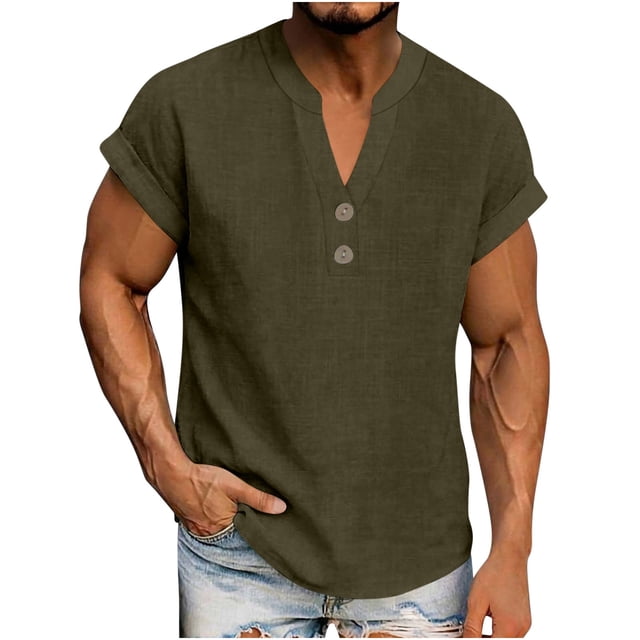 Ceisia Men's Casual Cotton Linen Blend V-Neck Button Short Sleeve Henley Top Army Green XL Gifts