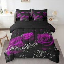 Manfei Romantic Rose Bedding Comforter Set 7 Pieces for Lover, Couple Valentines Day Full Bedding Set, Black Purple Reversible Fitted Sheet Flat Sheet, Microfiber Bedroom Decor