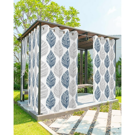 Outdoor Curtains for Patio, Navy Blue Grey Leaves Waterproof Blackout Outside Curtain for Porch/Pergola/Gazebo, Summer Tropical Plant Aesthetics Thermal Insulated Drapes, 2 Panels, 54 x 108 Inch