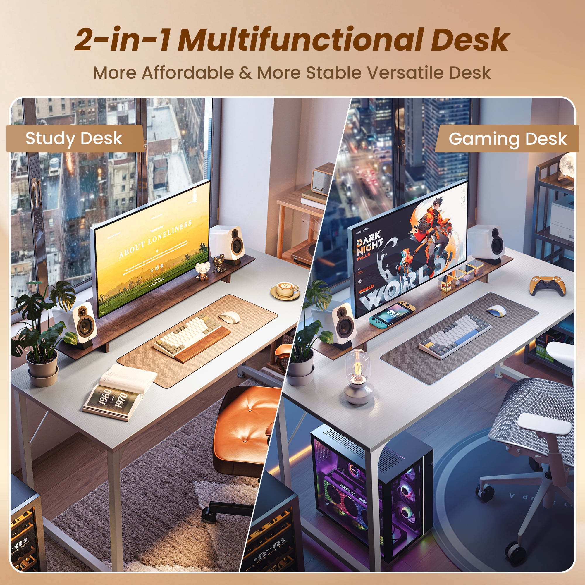 54" Computer Desk, Modern Office, Study & Gaming Desk with Storage, Large Legroom, Sturdy Metal Frame