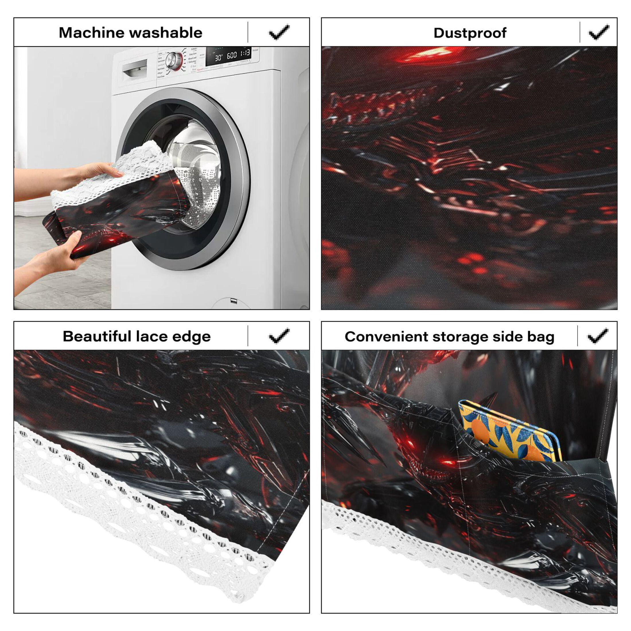 Washing Machine Cover 51.2x22in, Durable Polyester Dust Cover with Lace Trim and Side Pocket for Appliances Red Eyes Robot