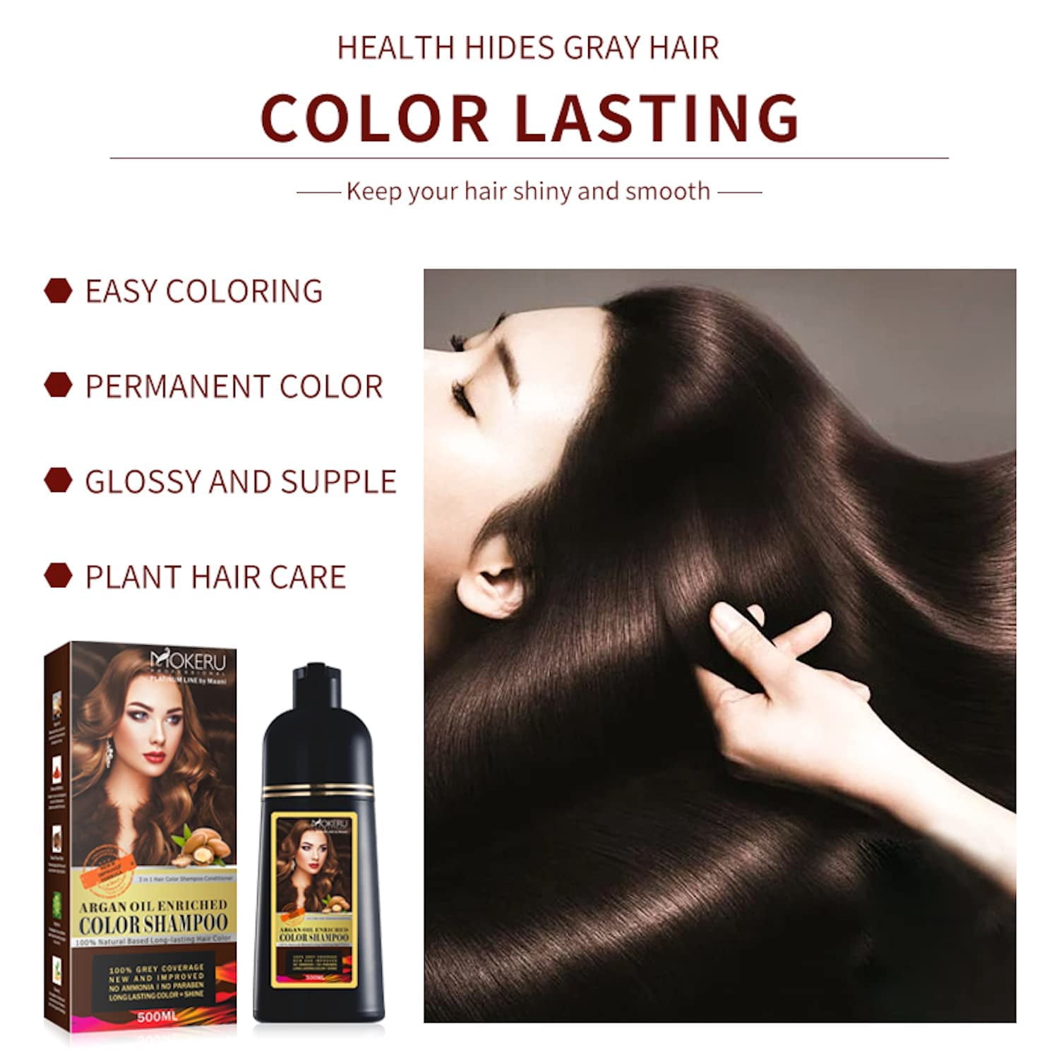 MOKERU Professional Argan Oil Hair Dye Color Shampoo 500 ML: Instant Fast Acting Long Lasting Signature Bundle by Maani (Light Brown)
