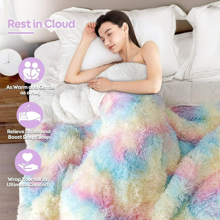 Anjee Faux Fur Weighted Blanket 15lbs Super Soft Plush Fleece and Cozy Sherpa Reverse Shaggy Long Fur Throw Weighted Blankets 60 x80 Rainbow Walmart