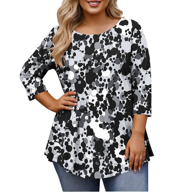 T-Shirt pour Femmes Coupe Ample Décontractée Manches 3/4 Col Rond Imprimé Grande Taille pour Usage Quotidien