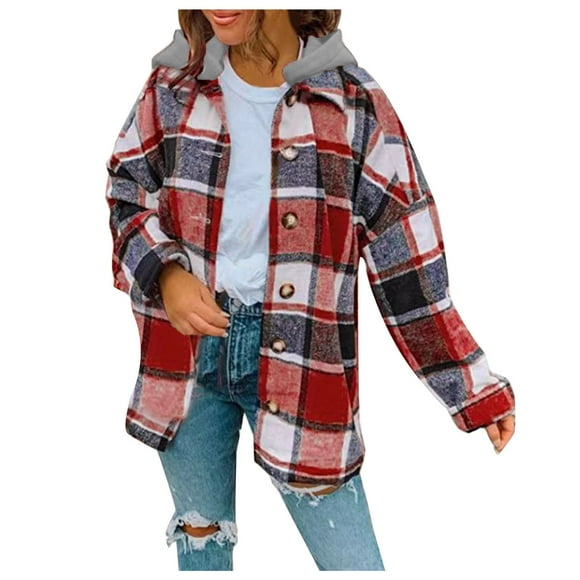 Pisexur Womens Flannel Plaid Shacket Jacket 2024 Fashion Warm Wool Winter Coats Button Down Long Sleeve Hooded Sweatshirts Casual Plaid Winter Jacket