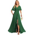 thumbnail image 1 of Vestido de dama de honor Deamify 2025 para mujer, cuello en V, línea A, verde oscuro, 1 of 7