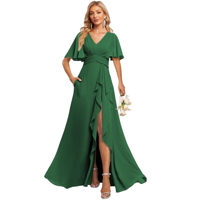 Vestido de dama de honor Deamify 2025 para mujer, cuello en V, línea A, verde oscuro