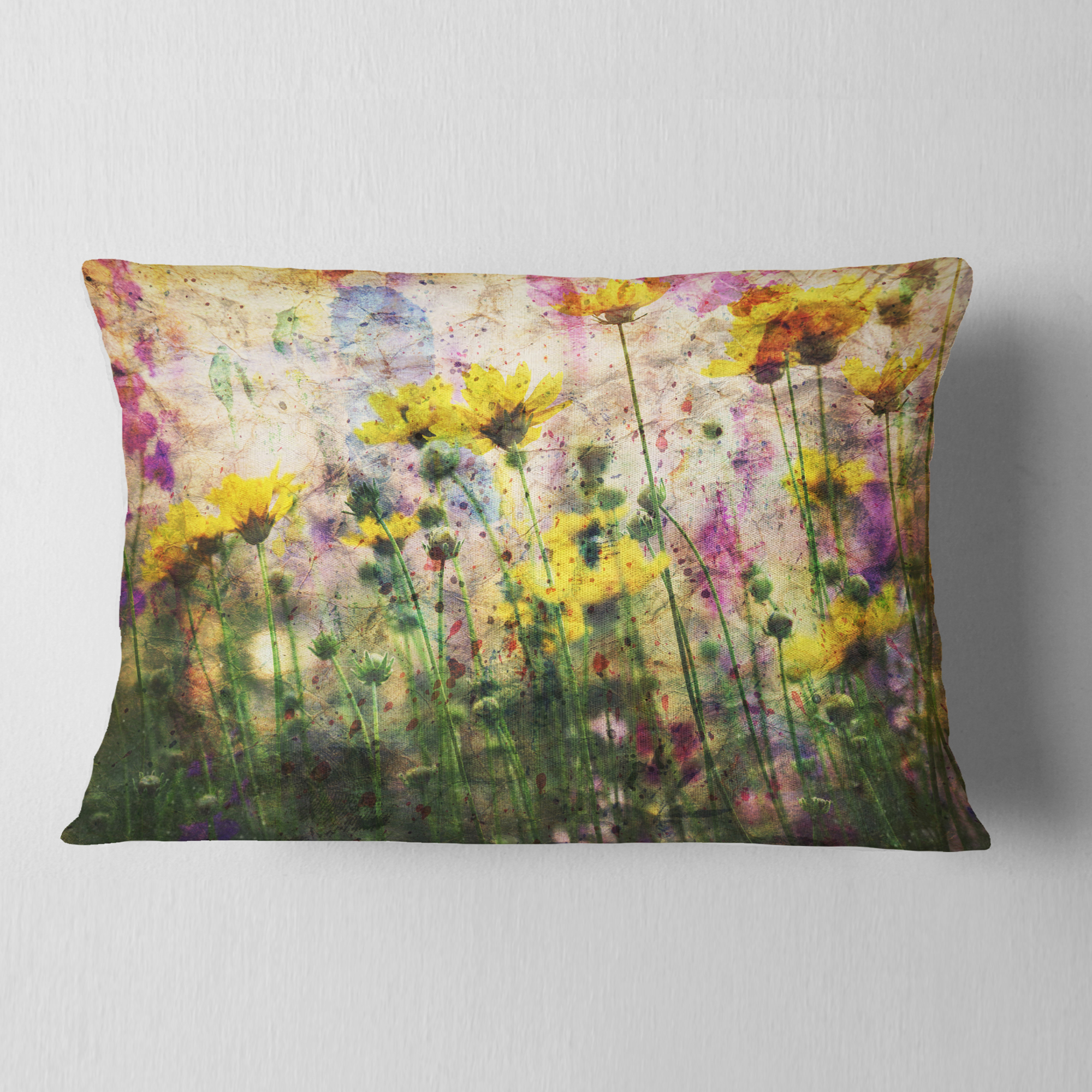 Designart Coreopsis Flowers and Paint Splashes - Flower Throw Pillow - 12x20