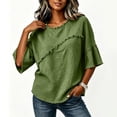 thumbnail image 4 of Lenpel Cotton Linen Shirts for Women Crew Neck Half Sleeve Boho Tops Casual Vintage Frayed Blouses Beach Vacation Clothes, 4 of 6