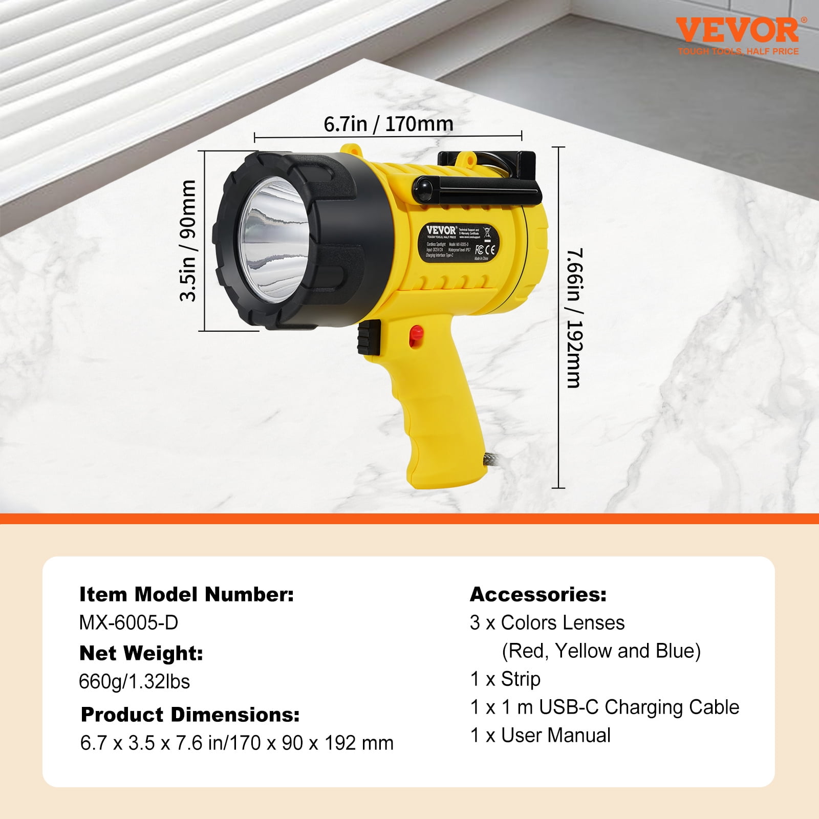VEVOR Rechargeable Spotlight Flashlight, 1500 Lumens, IP67 Waterproof Handheld LED Spot Light, Super Bright Portable Searchlight with 4 Modes Detachable Lens USB Port, for Hunting Boating Camping