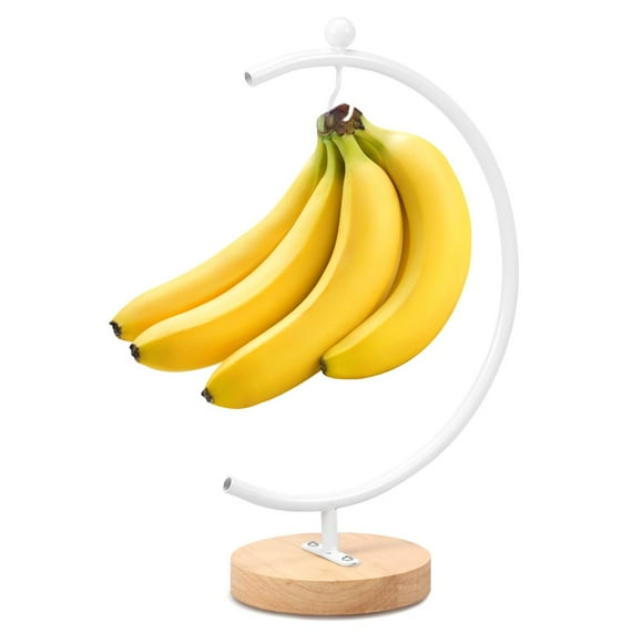 EASTIN Banana Holder Stand Moon Shape Banana Hanger Rack Metal Fruit Hanger with Wood Base Stable Banana Hanger Stand Decorative Grape Stand Holder for Hanging Banana Grape