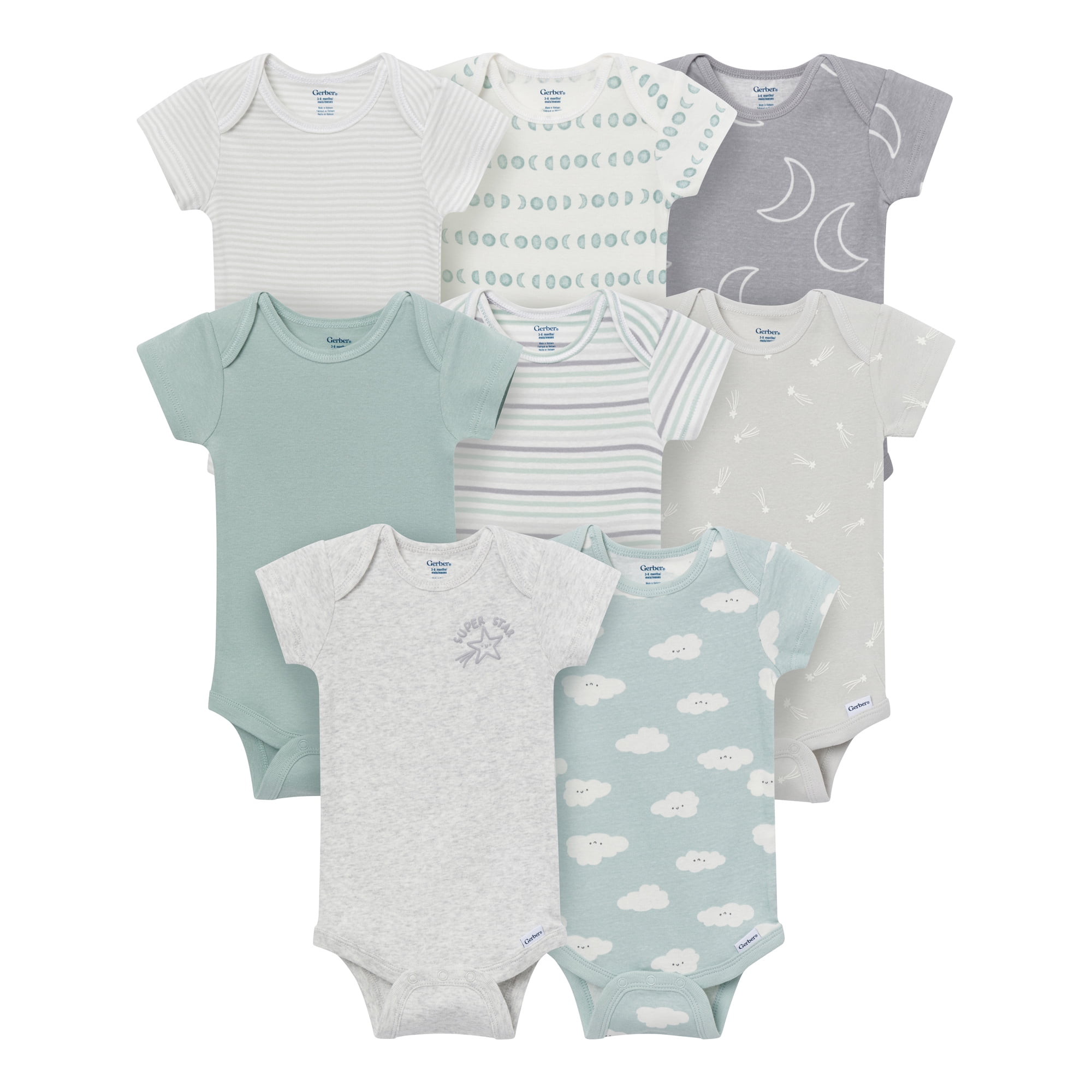 Gerber Baby Neutral Short Sleeve Onesies, 8-Pack, Sizes 0/3 Newborn - 12 Months