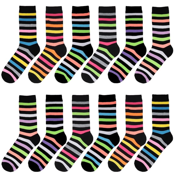 12 Pairs Women's Crew Socks Fancy Novelty Designed Size 9-11 Multicolor Assorted Striped Black