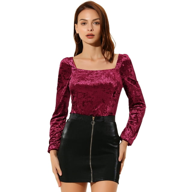 INSPIRE CHIC Women's Velvet Square NeckLong Sleeve Blouse Top
