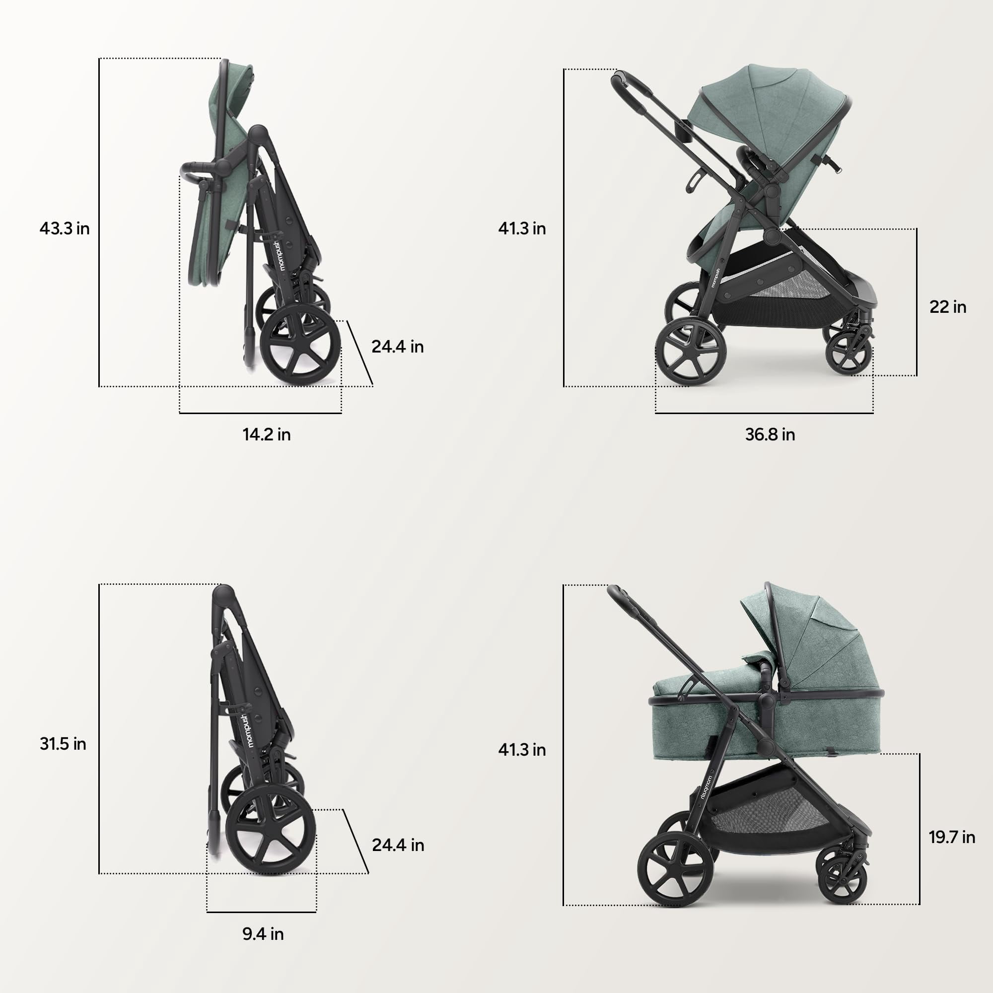 Mompush Wiz 2-in-1 Baby Stroller with Bassinet Mode, Reversible Seat and Large Canopy, Sage, 22.3LB, Unisex