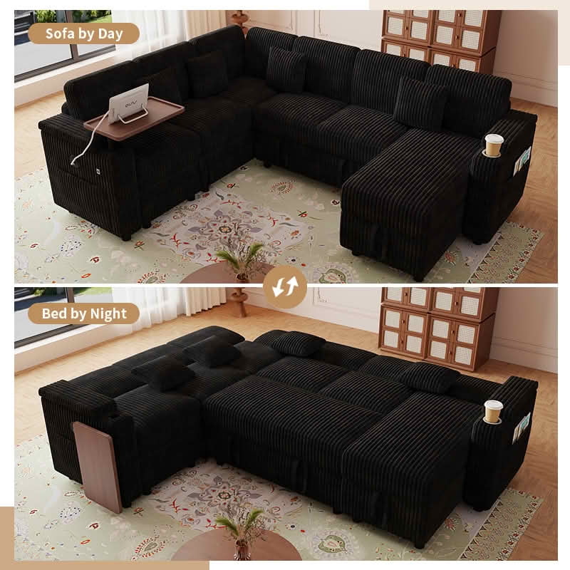 MAYEERTY 100-Inch Black Corduroy 7-Seat U-Shaped Pull-Out Sofa Bed, Modular Sectional Couch with USB Ports, Cup Holder & Storage