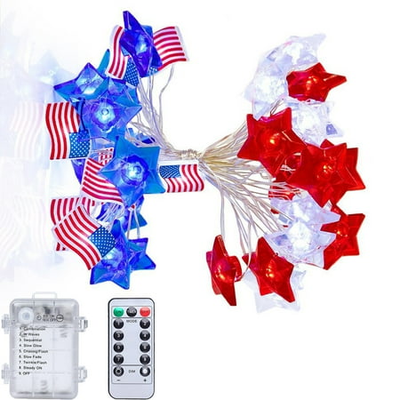 REZUOFI 4 Pcs Patriotic Star and Flag Hat String Lights with Remote Control Waterproof for Independence Day Decorations Outdoor Indoor Party Red White Blue Flashing
