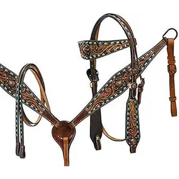 Western Headstall Breast Collar Reins & Wither Straps Tack Set Cowhide Leather Handmade Beaded Tooled Carved Horse Saddle Riding Tooling Carving Equestrian Size Full