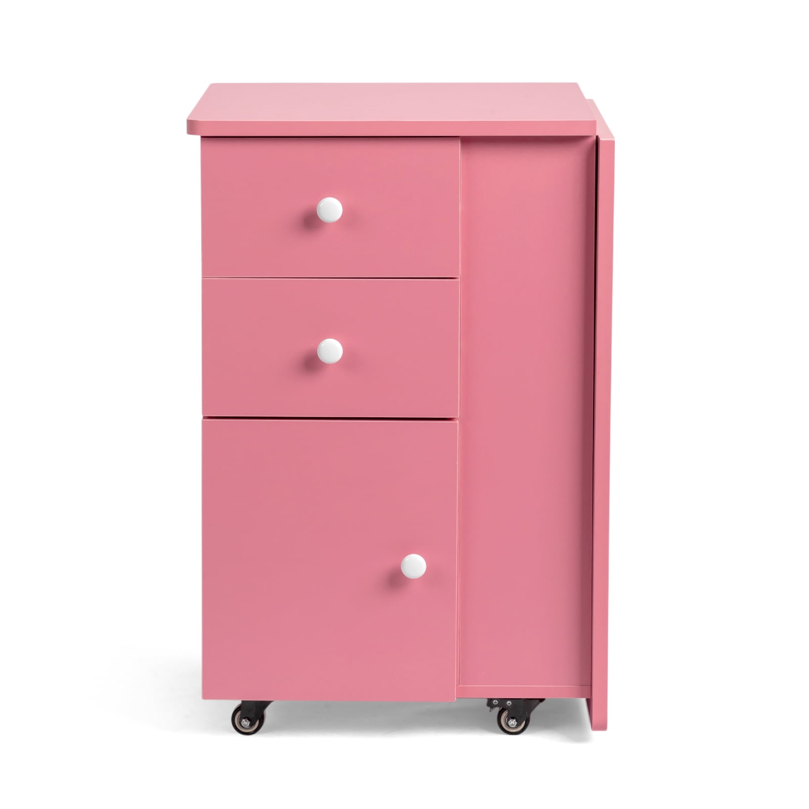Nail Desk Folding Table, Pink MDF Manicure Station w/ 2 Drawers & 1 Door Cabinet for Nail Art Salon Home Beauty