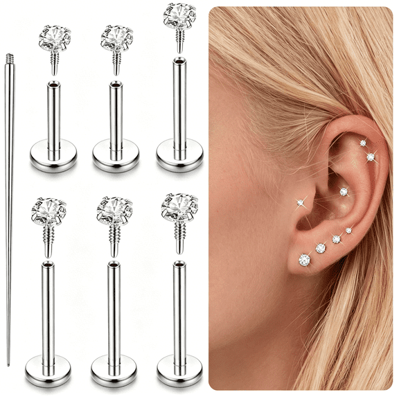 DESIGNICE 16G 18G Flat Back Earrings Studs-Hypoallergenic Surgical Stainless Steel Cartilage Earring for Women Internally Threaded Cubic Zirconia Nose Stud Lip Medusa Tragus Piercing Jewelry