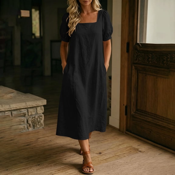 ClodeEU Women's Square Neck Puff Sleeve Midi Dress,Casual Loose Fit Dress with Pockets Black,Women's Plus L