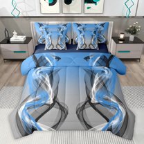 Feelyou Grey Blue Striped Bedding Comforter Set 7pcs, Fashion Abstract Stripes Queen Bedding Sets, Contemporary Lines Reversible Queen Sheet Sets, Ultra Soft Bedroom Decor