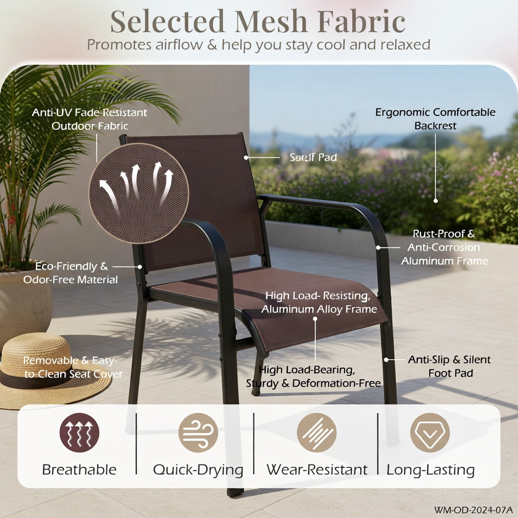 Hommoo Stackable Outdoor Patio Dining Chairs Set of 6, Heavy-Duty Metal Frame, Breathable Mesh Seat, Coffee