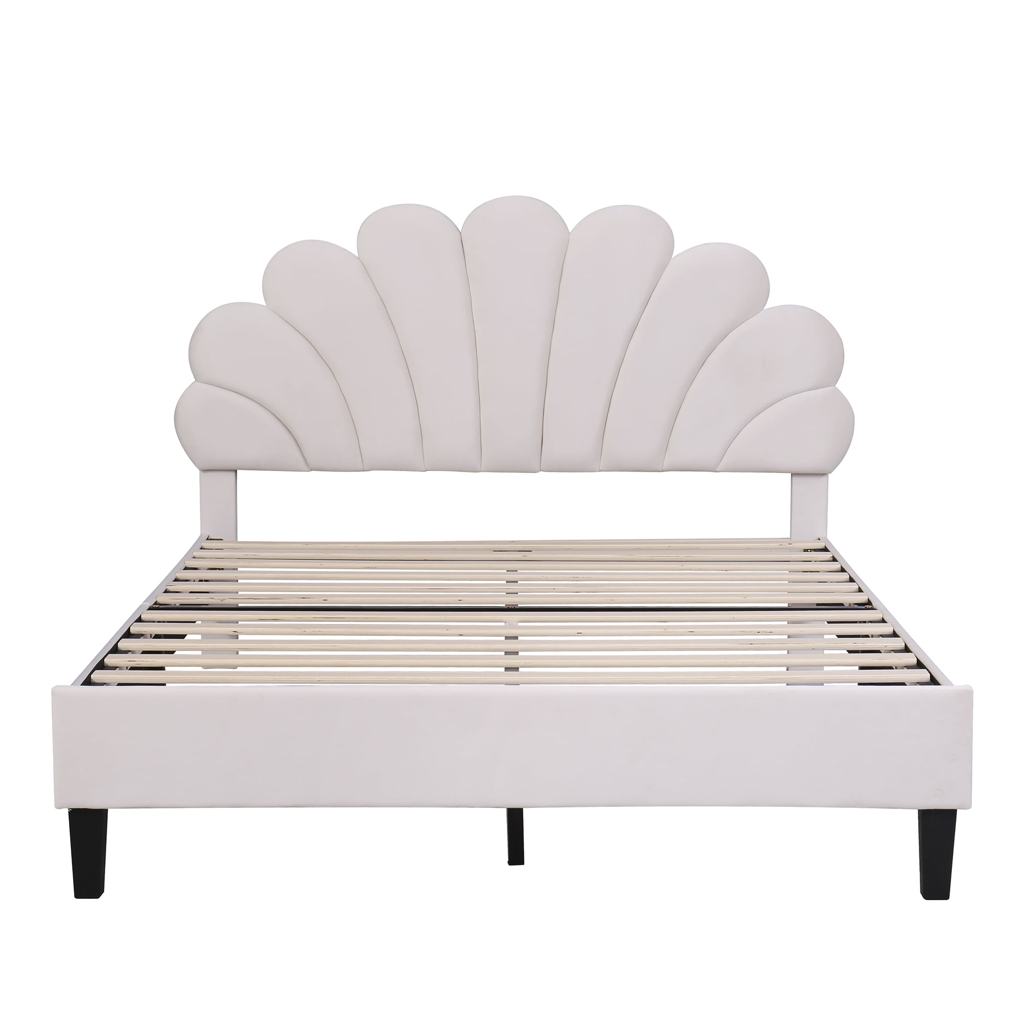 Velvet Full Size Bed Frame with Flower Pattern Headboard,Full Bed Frame with Wood Slat Support for Bedroom,Easy Assembly,76.8"x58.1"x47.4",Beige