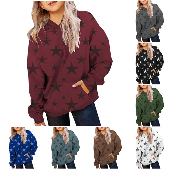 Byoo Little Girls' Star Allover Print Hoodie Oversize Long Sleeve Pullover Hooded Sweatshirt Kids Streetwear Tops,Brick Red