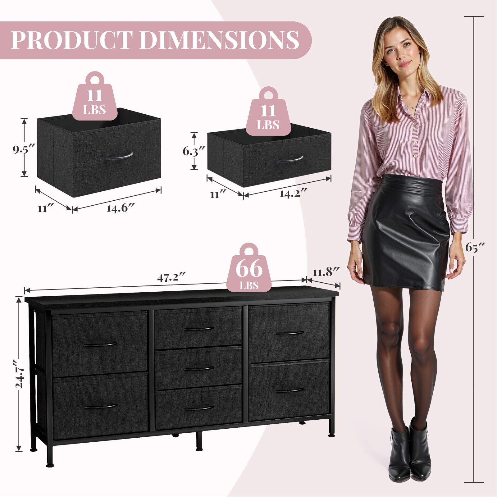 Dresser, Betcozy Storage Organizer with 7 Drawers for Bedroom, Chest of Drawers with Fabric Bins, Sturdy Metal Frame, Wood Tabletop for Guest Room, Closet, Entryway, Nursery, Black
