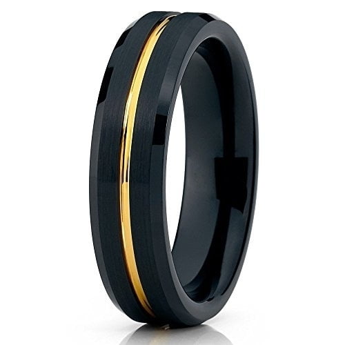 Silly Kings Jewelry Tungsten Wedding Band Yellow Gold Tungsten Ring Black Brushed Tungsten Ring Grooved 6mm Comfort Fit