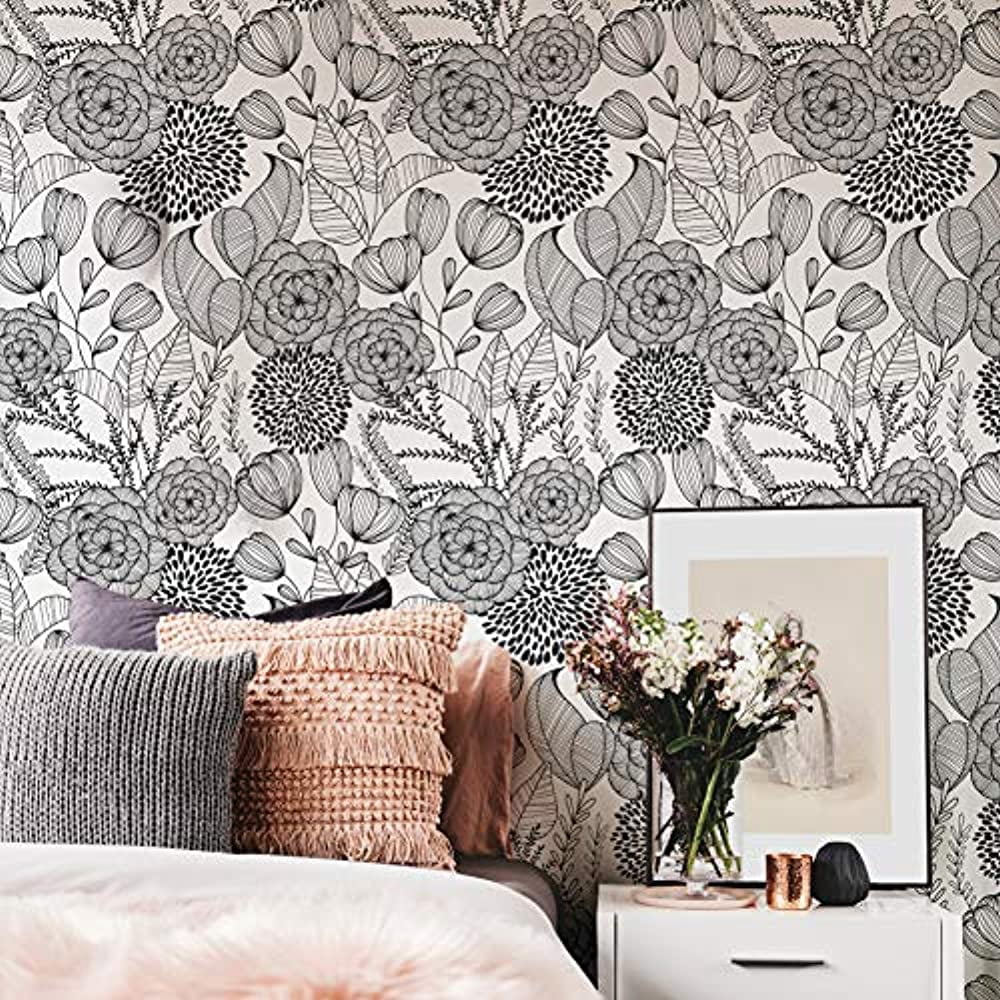 NuWallpaper Black Secret Garden Vinyl Peel And Stick Wallpaper, 216-in by 20.5-in, 30.75 sq. ft.