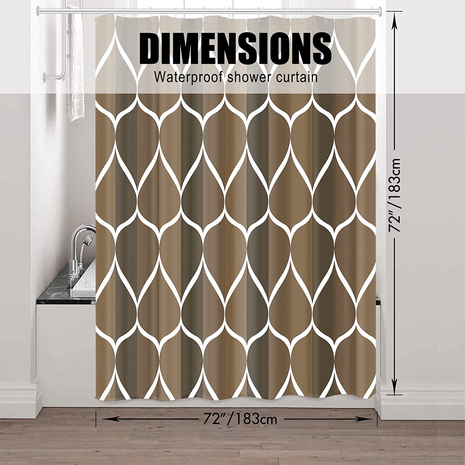 Brown Geometric Shower Curtain, Waterproof Design and Polyester, Quick-Drying, Weighted Hem, Brown Fabric Shower Curtains Set for Bathroom W 72 x H 72, Durable and Washable with 12 Hooks