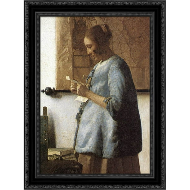 Woman in Blue Reading a Letter [detail 1] 20x24 Black Ornate Wood Framed Canvas Art by Vermeer