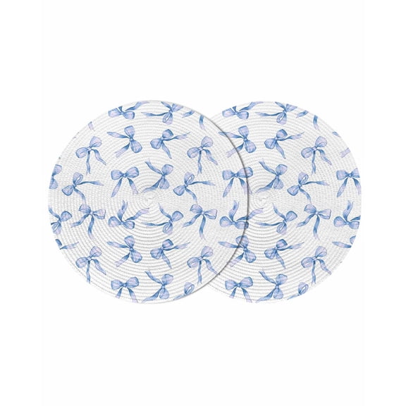 Purple Blue Bow Ribbon Round 13 Inch Placemats Set of 2, Vintage Modern Art Bowknot HeatResistant Non Slip Place Mats for Dining Table, Wipeable Braided Kitchen Table Mats for Housewarming