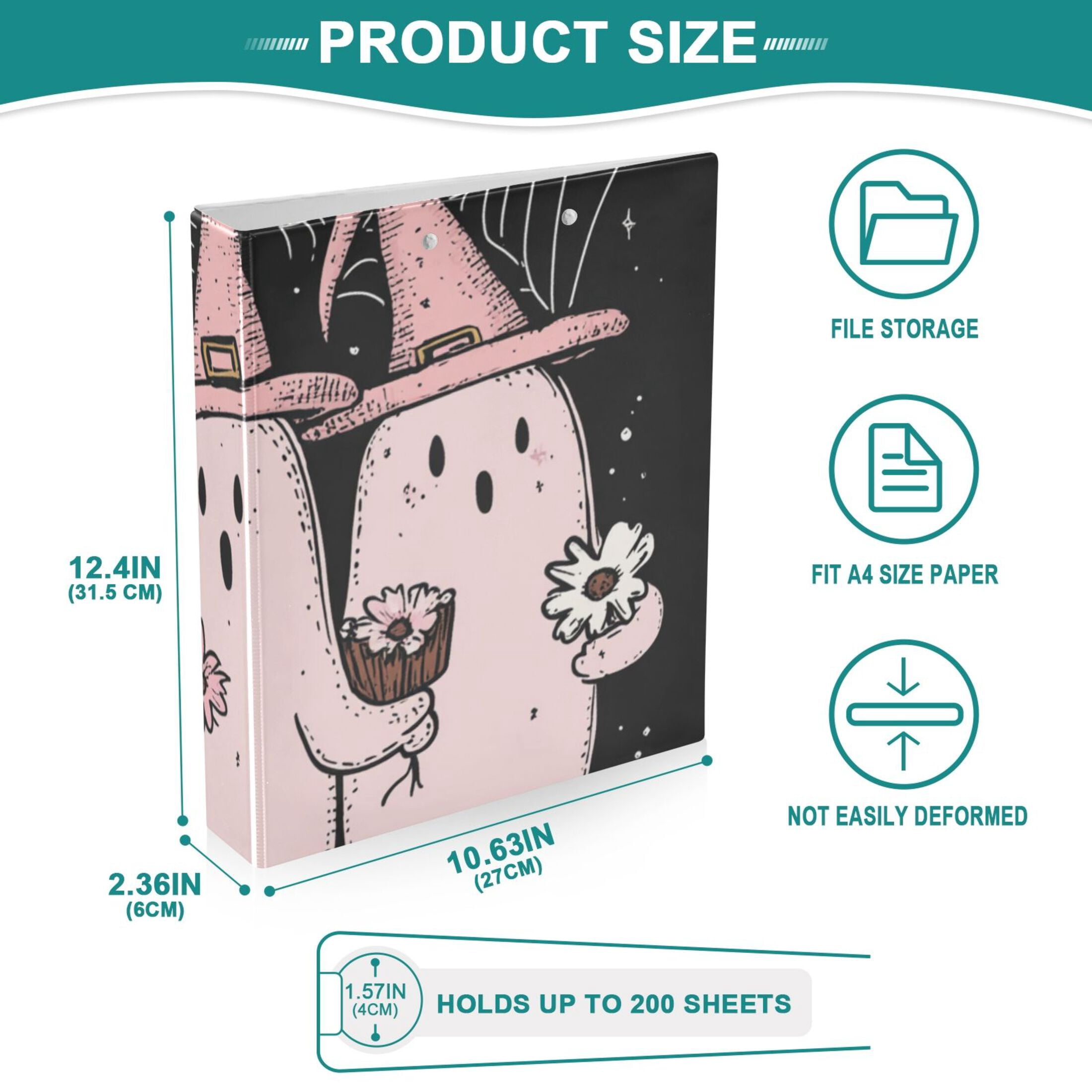 Halloween Pink Ghosts 3 Ring Binders 1.5 inch Hardcover File Folders with Interior Pockets A4 Size Organizer for School Office Hospital