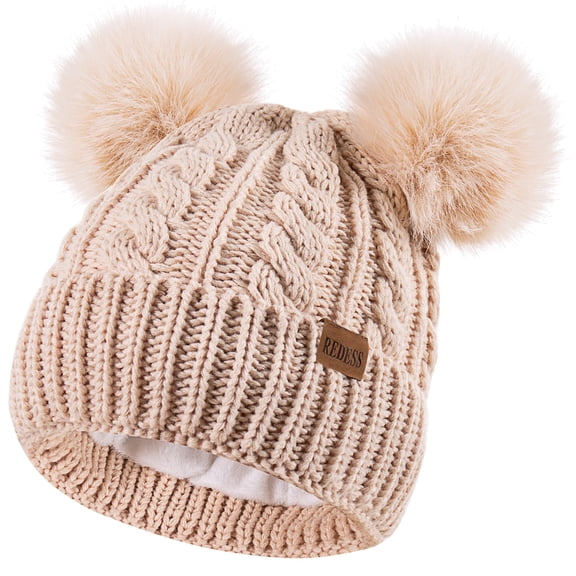 REDESS Women's Winter Beanie Hat with Two Pompoms and Warm Fleece Lining-Beige