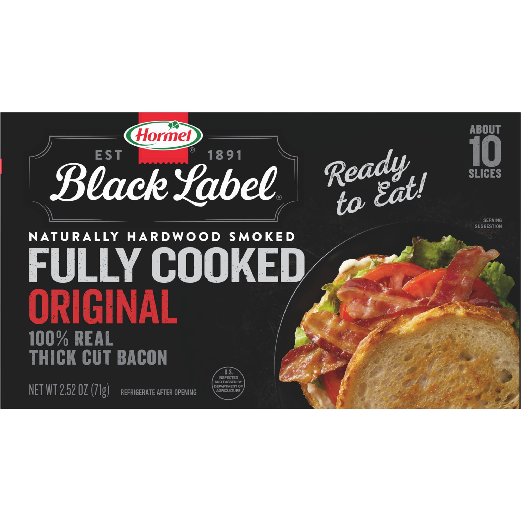 HORMEL BLACK LABEL Fully Cooked Bacon Gluten-Free Shelf Stable 2.52 oz Plastic Package in Cardboard Box