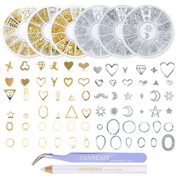 DANNEASY Juego de dijes de uñas dorados y plateados en 3D, joyas de uñas de metal hueco, dijes para uñas, estrella, luna, corazón, puntas de manicura, decoración de uñas con 1 pinza, bolígrafo de cera