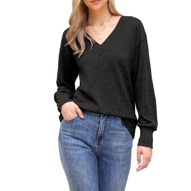 INSPIRAR CHIC Blusa de Mujer de Manga Larga con Cuello en V Ligera para Primavera y Otoño, Tops Casual M Negro
