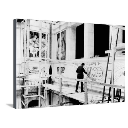Diego Rivera Painting the East Wall of 'Detroit Industry' (B/W Photo) Stretched Canvas Print Wall