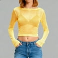 thumbnail image 2 of Lenpel Women's Mesh Crop Tops Long Sleeve Crew Neck Solid Color See Through Slim T Shirts Going out Blouses(Gold,Medium), 2 of 5
