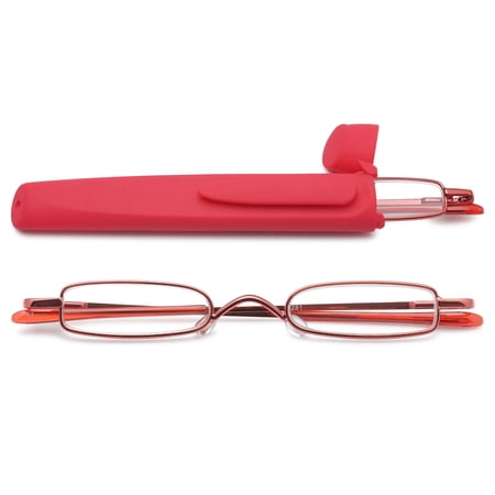 MAGIMODAC Compact Reading Glasses Men Women Portable Mini Metal Mini Eyeglasses Eyewear Pocket Readers With Case (Red with Red Case, +2.5)