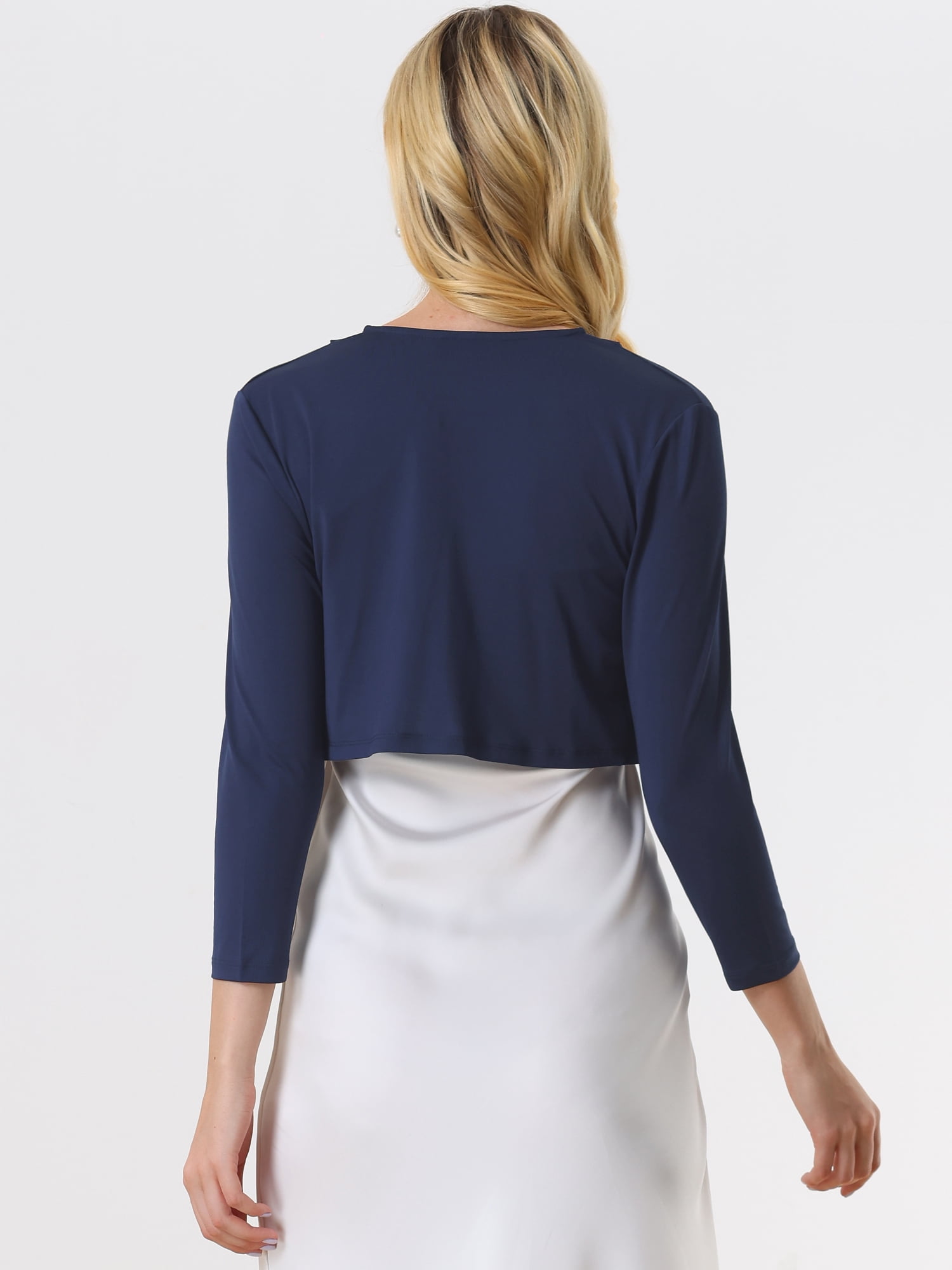 Unique Bargains Women's Open Front Drape Bolero Shrug Crop Cardigan M Dark Blue