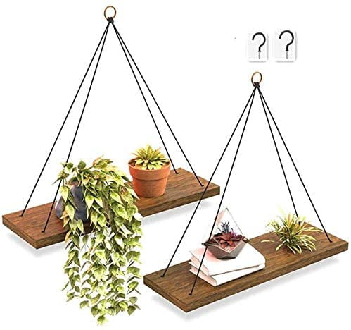 Wall Shelf Country Farmhouse Wooden Floating Shelf 2Pcs Metal Ring Suitable for Bedroom, Living Room and Office Plants (Dark Brown) (with 2 Small Cup Hooks)