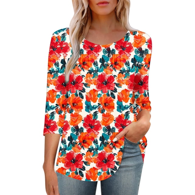 ZVAVZ Hauts pour Femmes Élégants, Tunique à Imprimé Floral Manches 3/4 Col Rond Blouse Décontractée Plissée Ourlet Incurvé pour Femmes Offres du Jour Prime Multicolore m