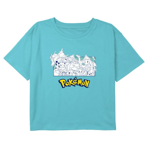 Girl's Pokemon Black and White Character Collage Graphic Cropped T-Shirt Blue X Large