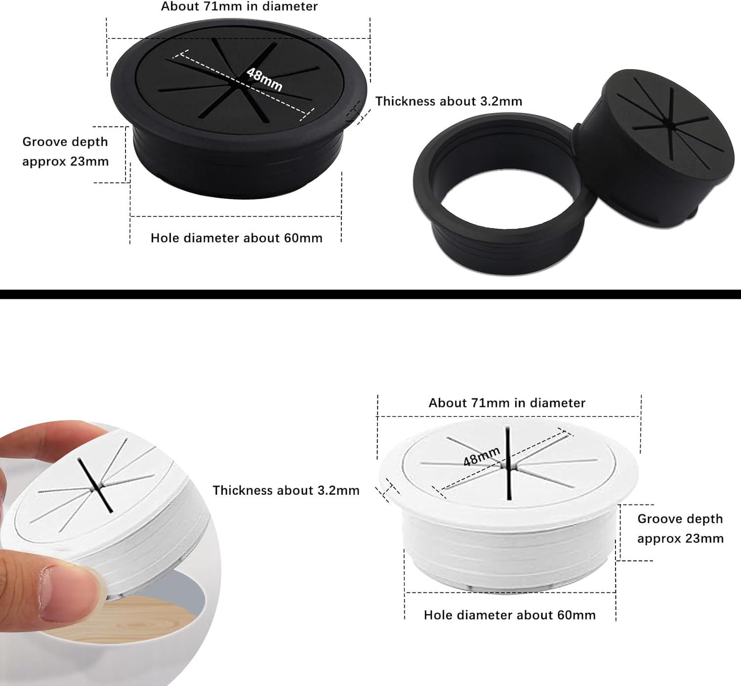 Passe-câble Caoutchouc Flexible 40mm - Cache-trou Pour Bureau, Organisateur Câbles - Noir - 5