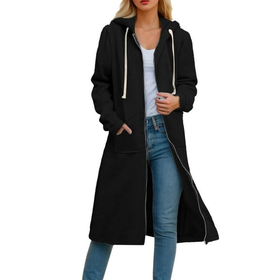 Luwomo Leisure Jackets for Womens Loose Fit Long Sleeve Hooded Zippered Long Cardigan Sweatershirt Coat Blouses Black,L