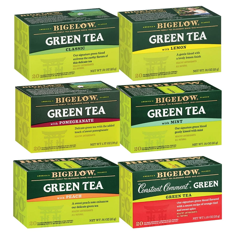 Bigelow Green Tea 6 Flavor Variety Pack, 20 Count Box (Pack of 6